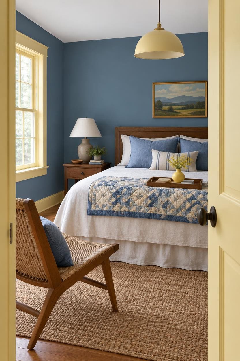 curated blue and yellow bedroom vignette
