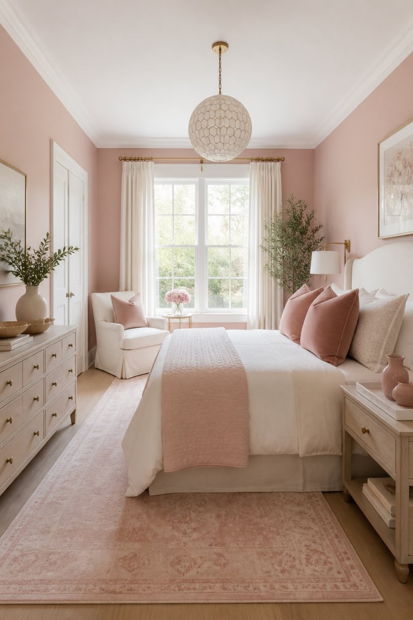 Bright bedroom with pink accents, white furniture, and natural light from large window.