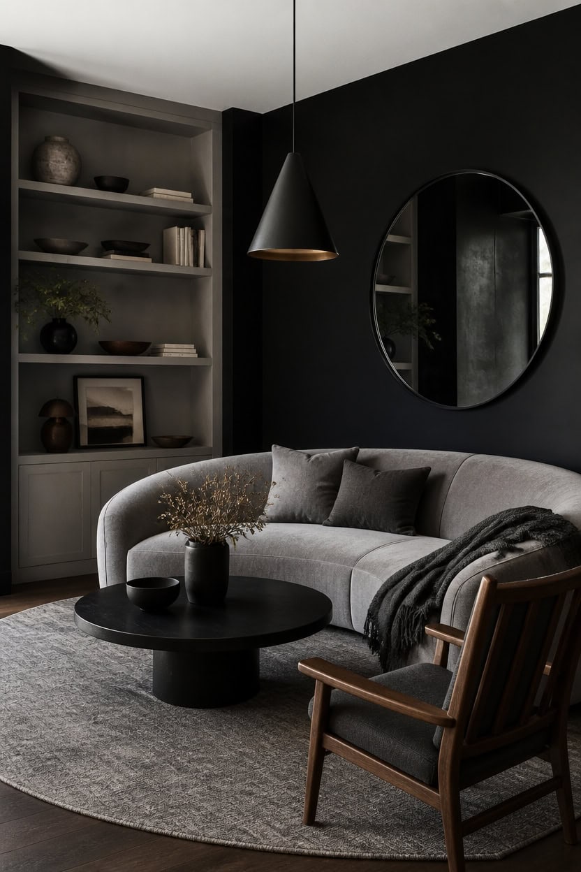 Stylish living room with black accent wall, round mirror, and cozy seating.