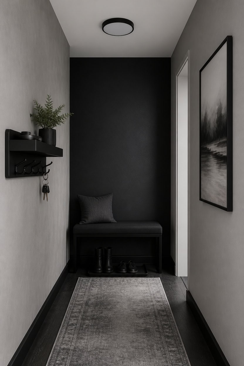 Contemporary apartment entryway with black and gray decor and wall art.