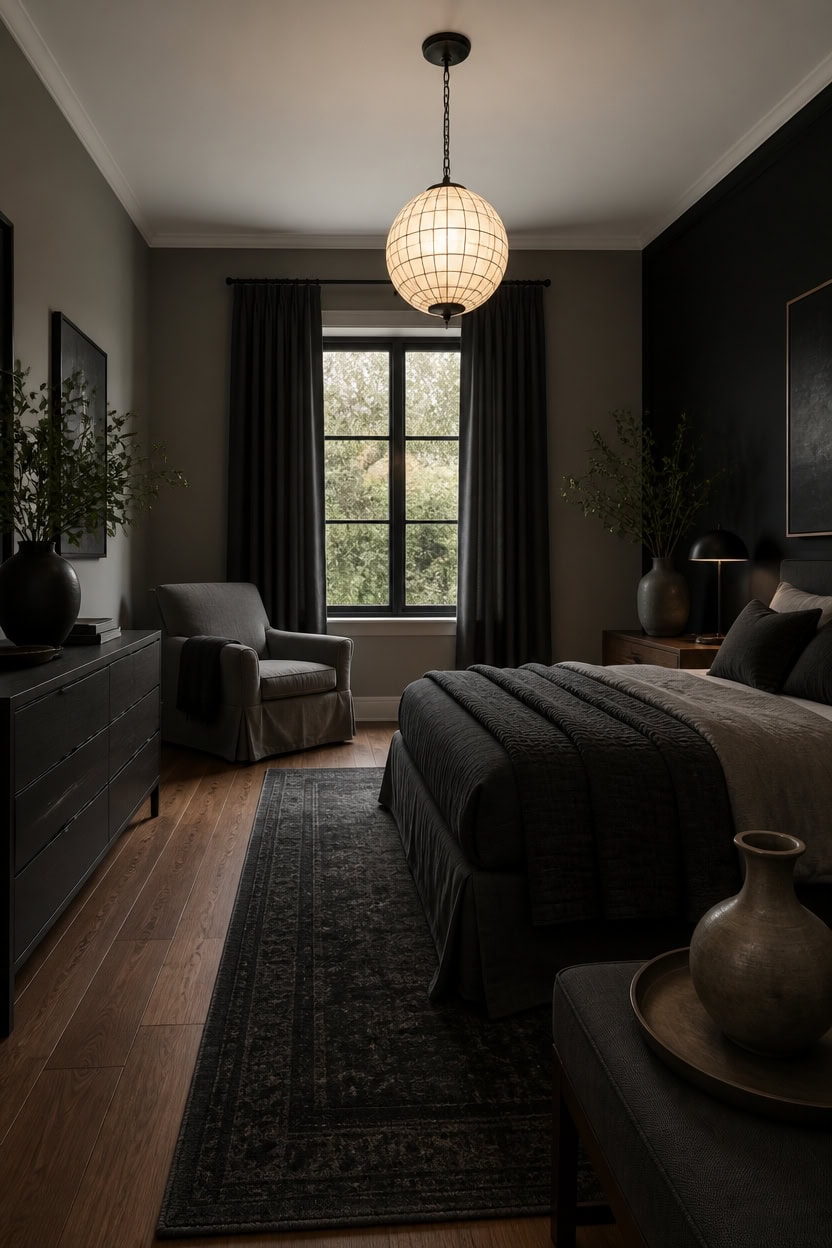 Elegant bedroom with dark walls, large window, and cozy furniture.