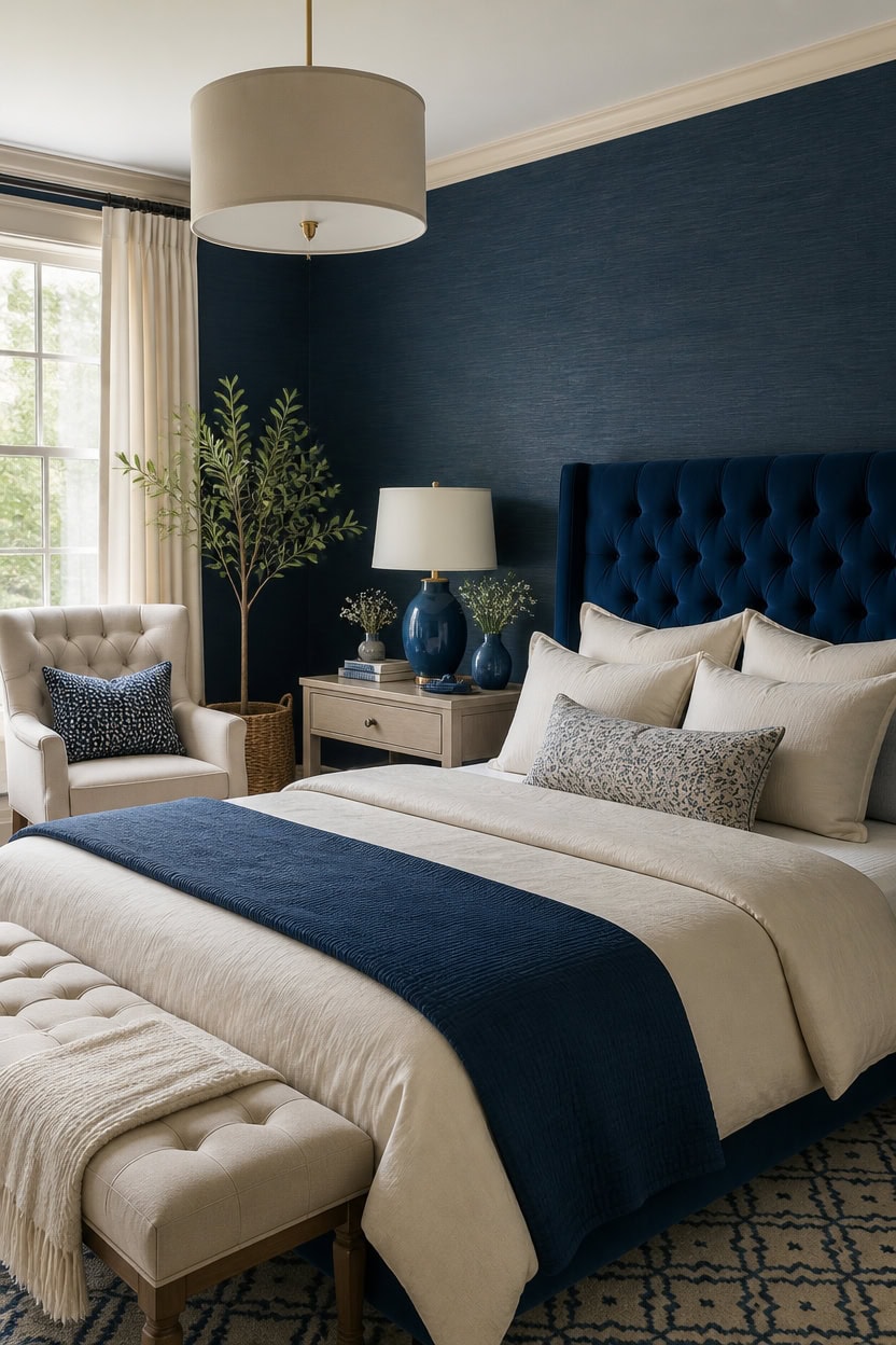 Stylish bedroom featuring navy blue headboard and matching decor.