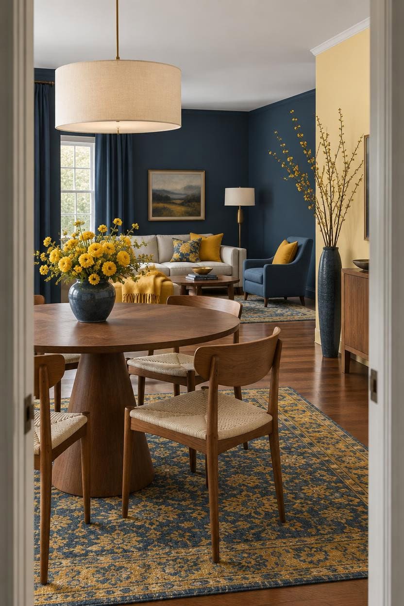 deep blue airy yellow accents