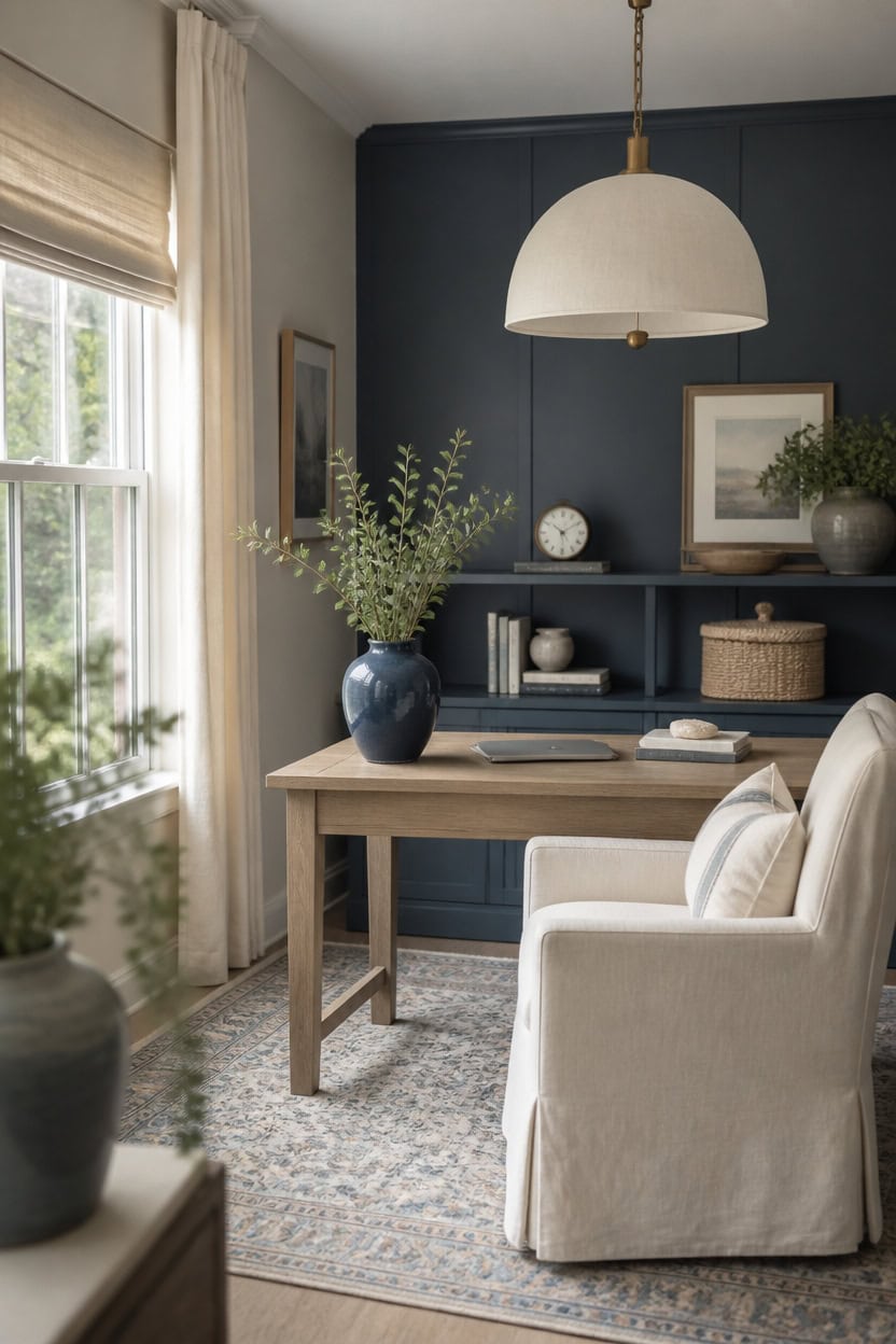 Bright home office with navy accent wall, white armchair, and wooden desk.