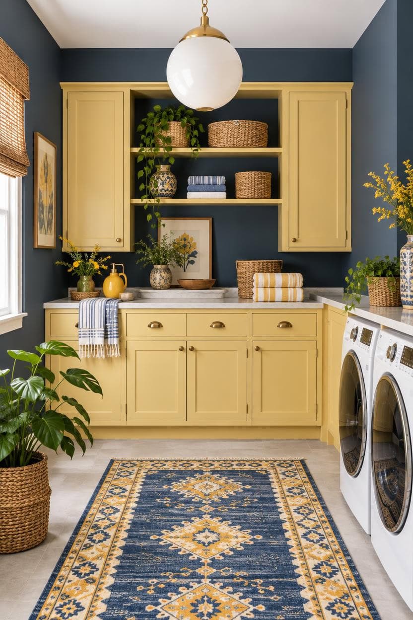Bright laundry room with yellow cabinets, blue walls, and decorative accents.