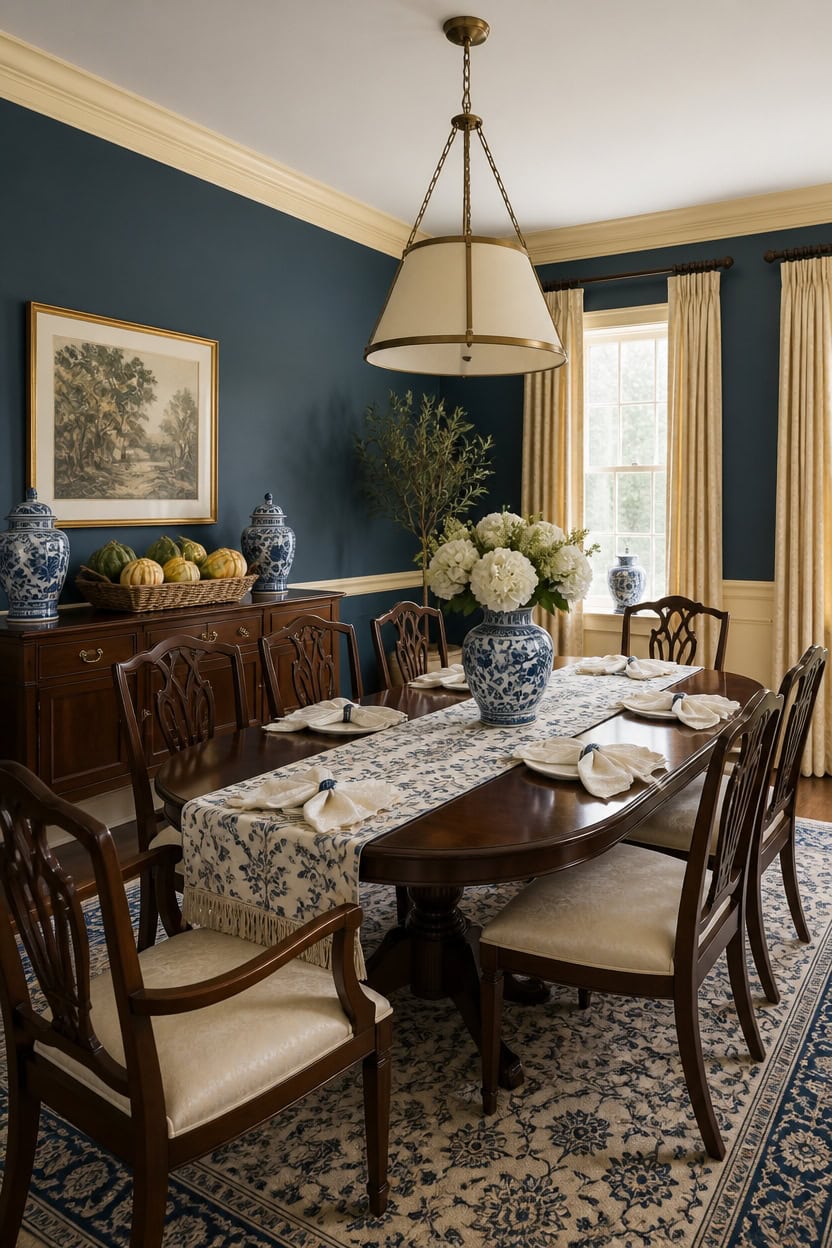 Stylish dining room with dark wood table, floral centerpiece, and classic decor.