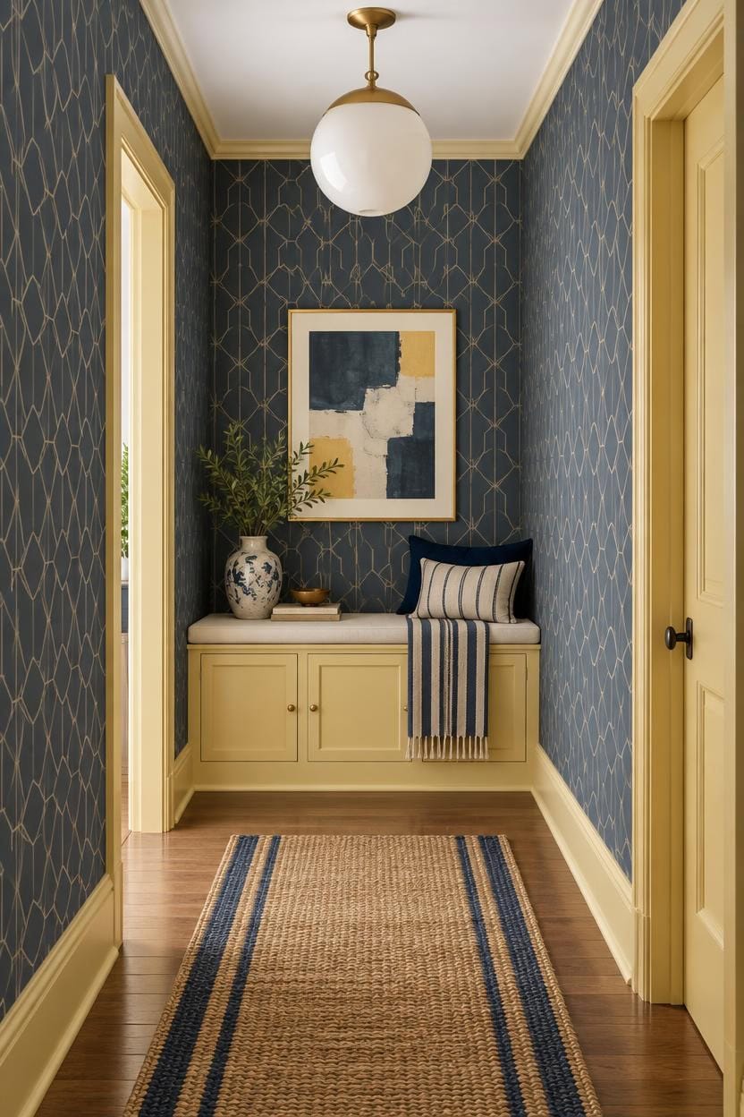 Elegant entryway with blue patterned wallpaper, artwork, and a cozy bench.