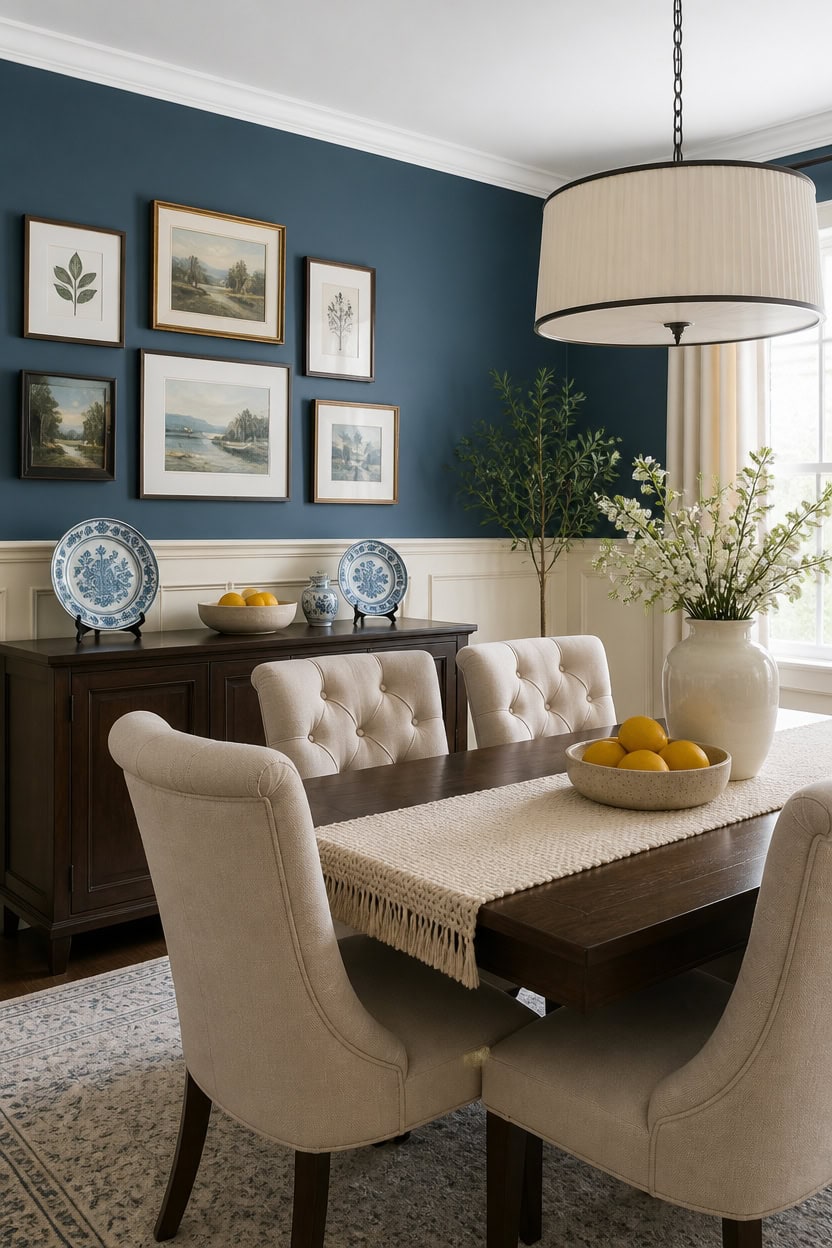 Stylish dining room with beige chairs, dark wood table, and blue wall decor.