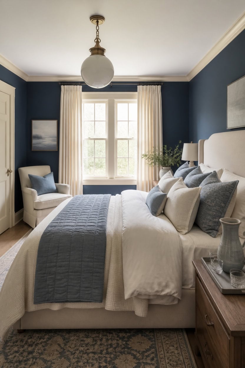 Cozy bedroom with navy walls, white curtains, and plush bedding.