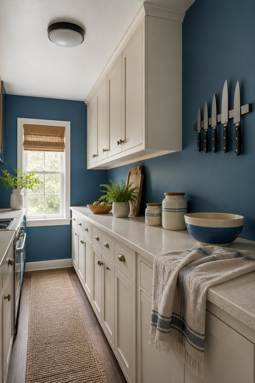 Bright kitchen with white cabinets, blue wall, and natural light from window.