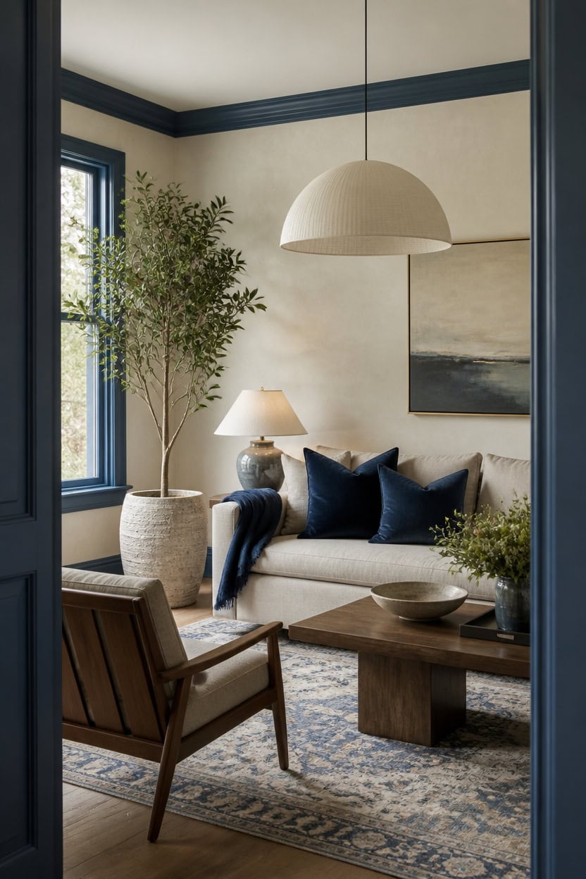 Stylish living room with beige sofa, navy cushions, and large potted plant.