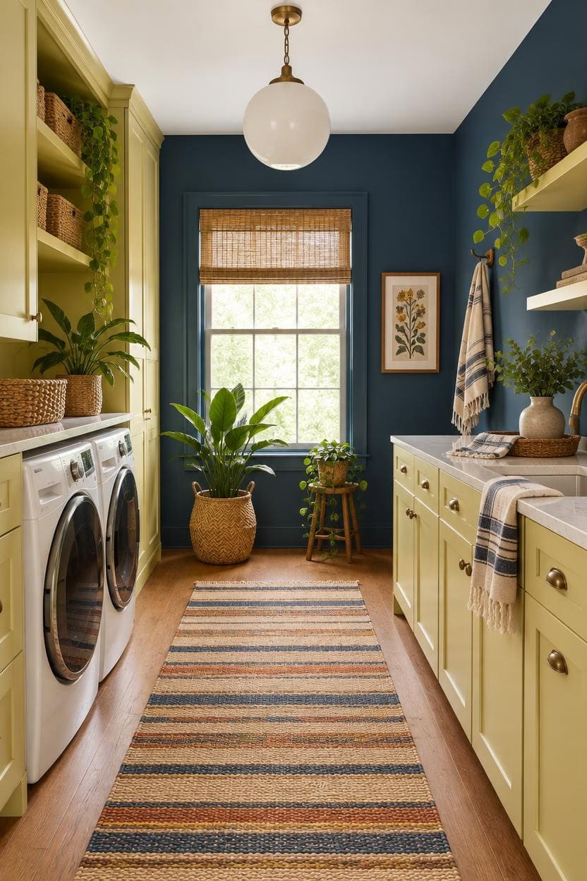 Colorful laundry room with yellow cabinets, blue wall, and plants for a fresh look.