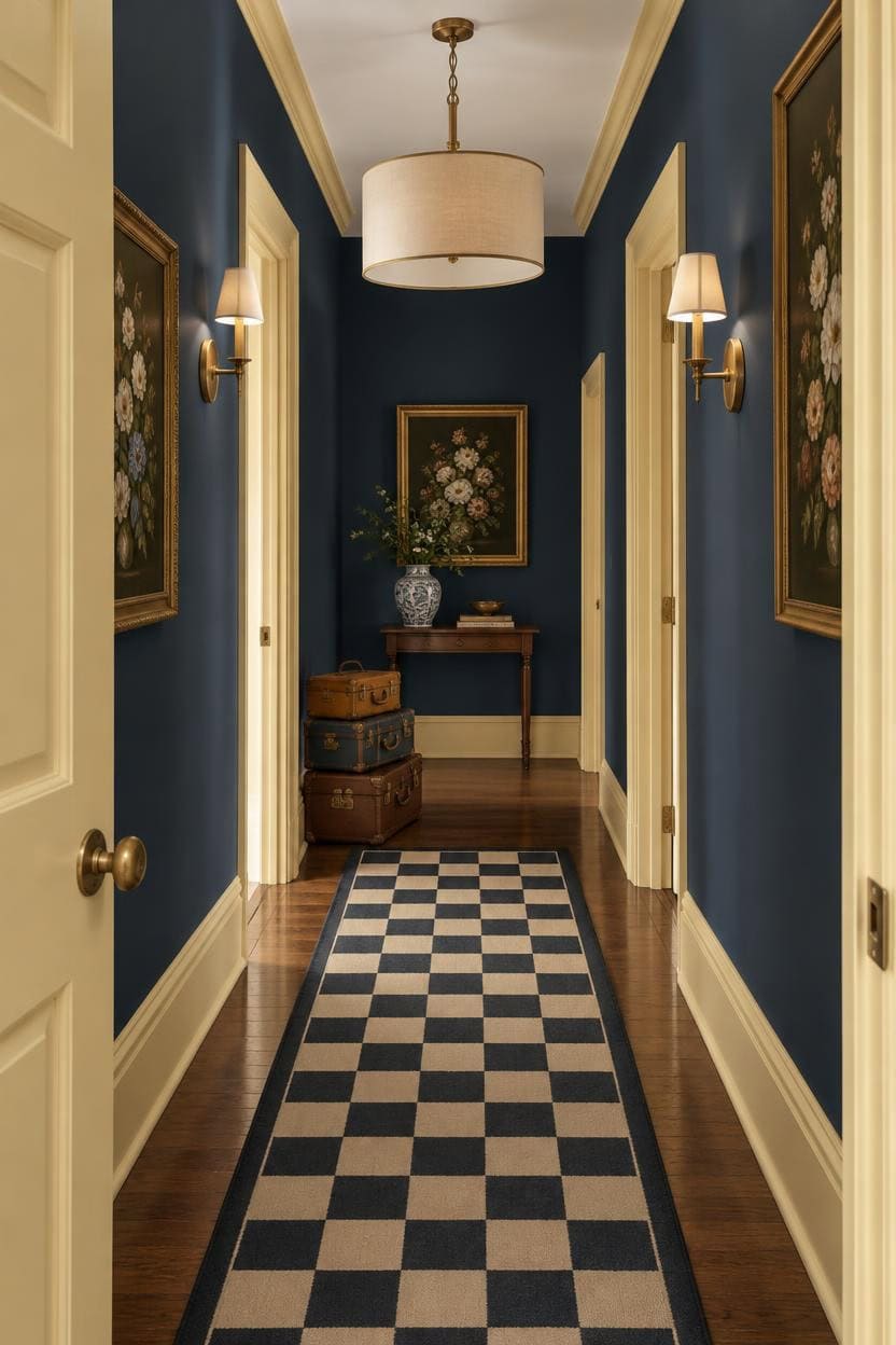 Stylish apartment hallway with navy walls, gold accents, and checkered rug.