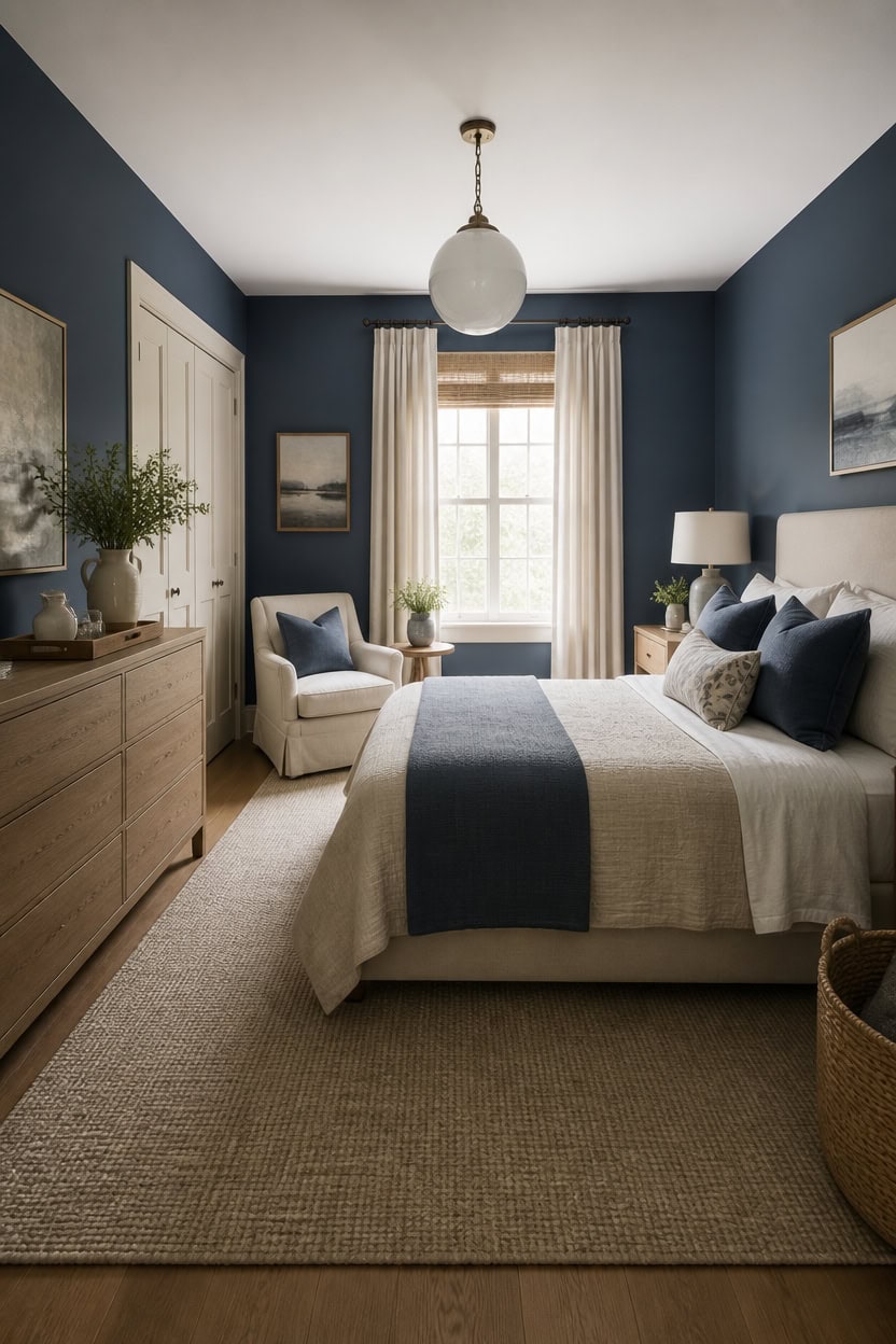 deep blue walls warm neutrals
