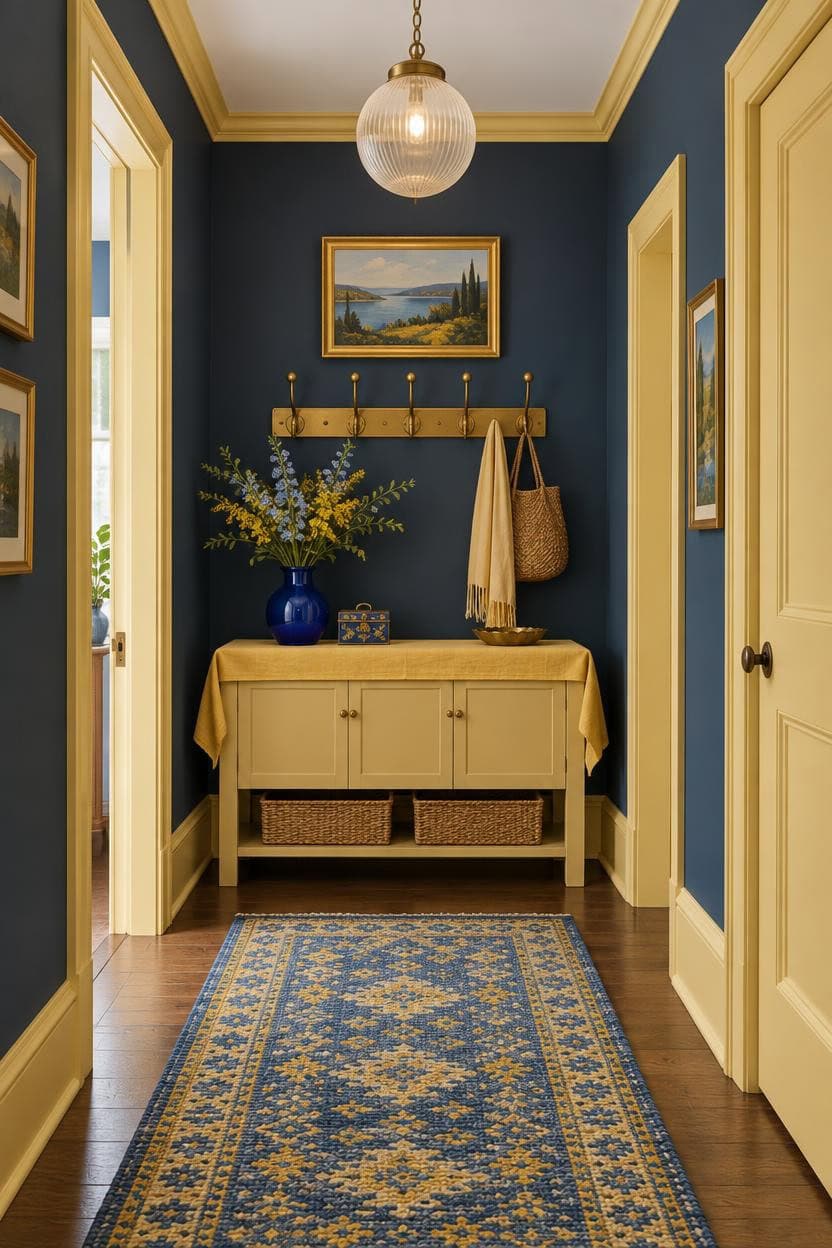 deep blue yellow accents