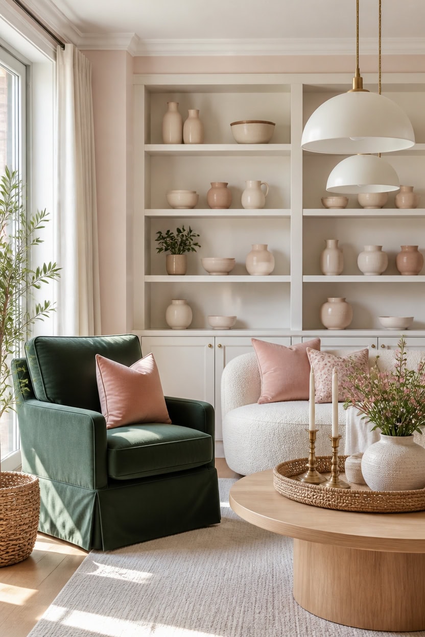 Stylish living room with built-in shelves, plush seating, and decorative vases.