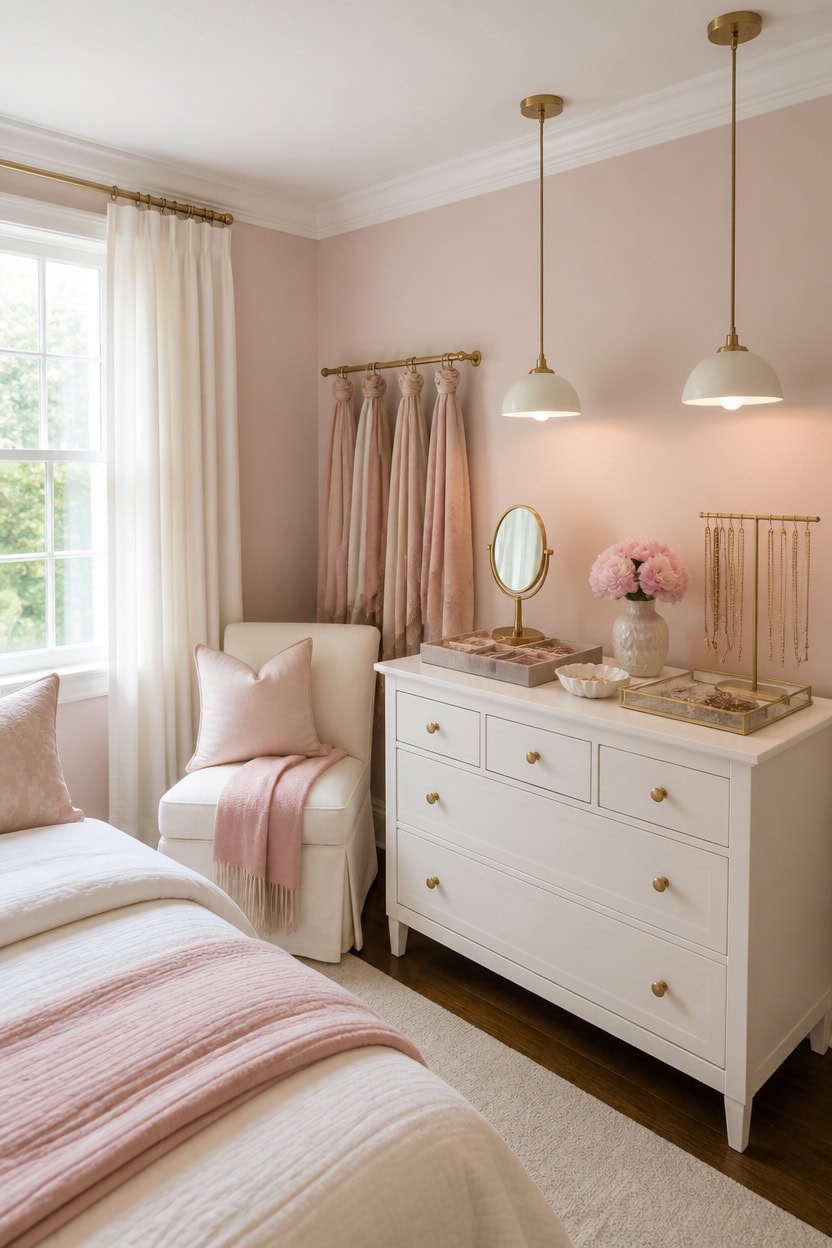 Cozy bedroom with white furniture, pink accents, and natural light.
