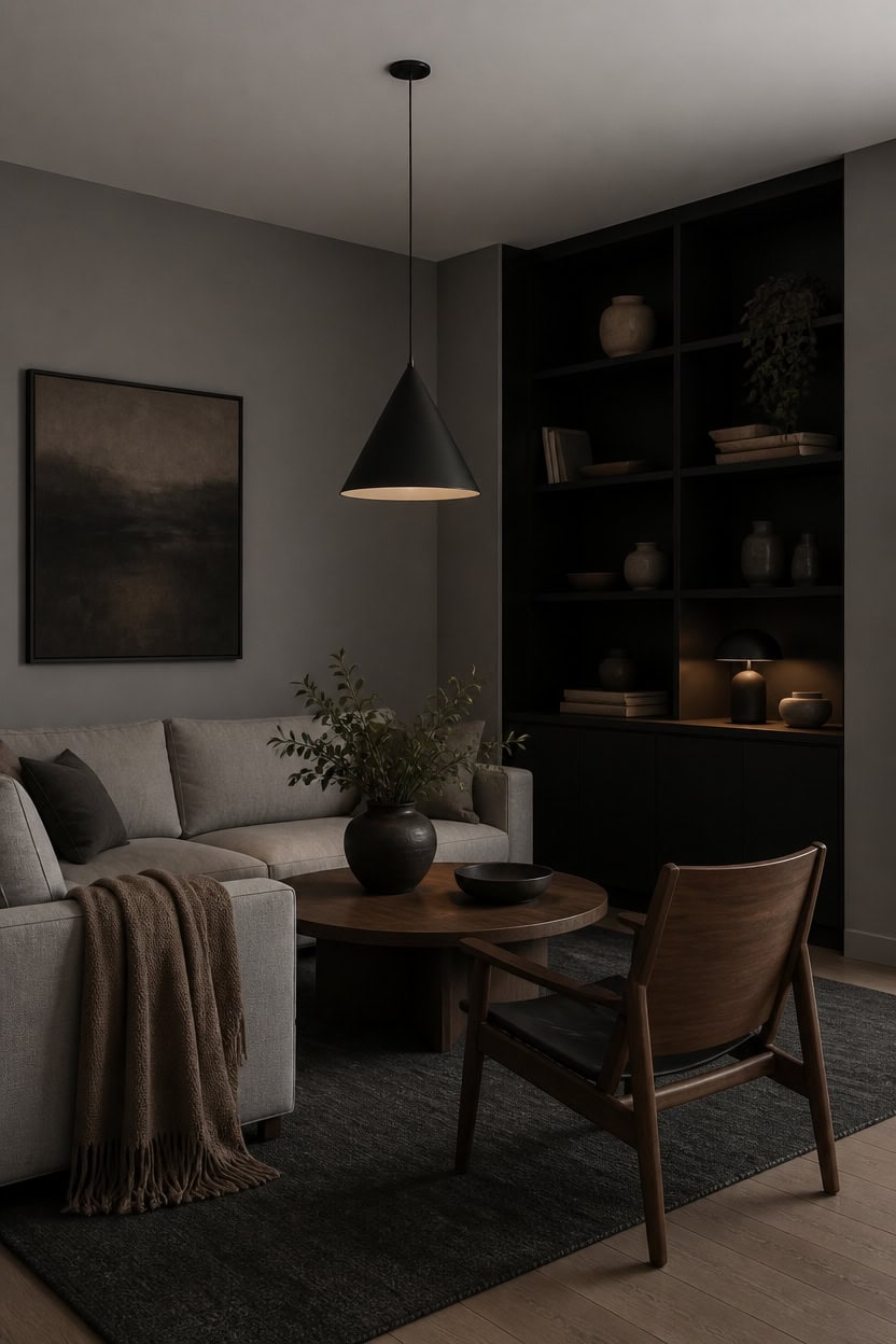 Cozy living room with gray sofa, wooden chair, and dark shelving unit.