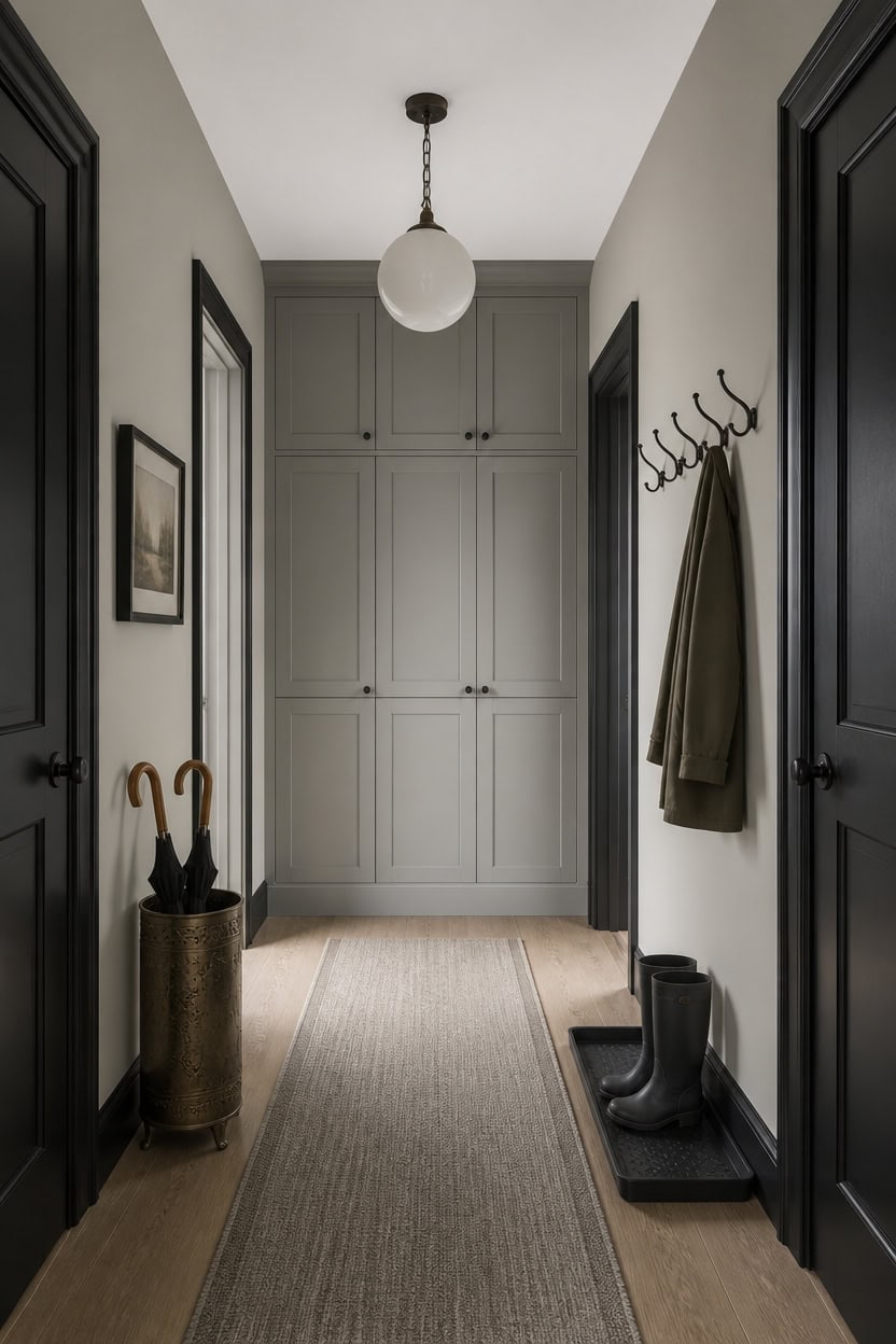 Contemporary apartment entryway with built-in storage and decor.