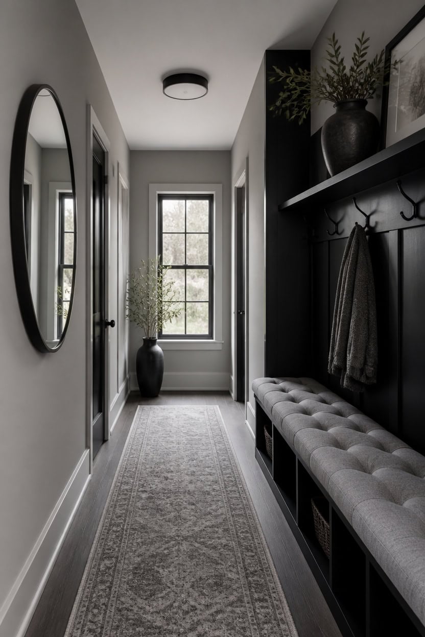 Stylish apartment entryway with mirror, bench, and decorative vases.
