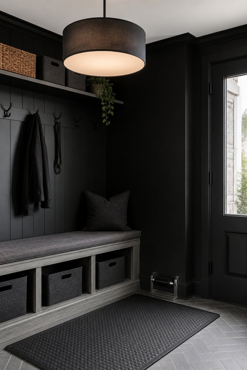 Stylish black entryway with storage bench, hooks, and pendant light.