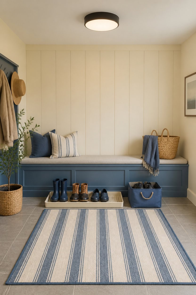 Charming entryway with blue bench, striped rug, and shoe storage.