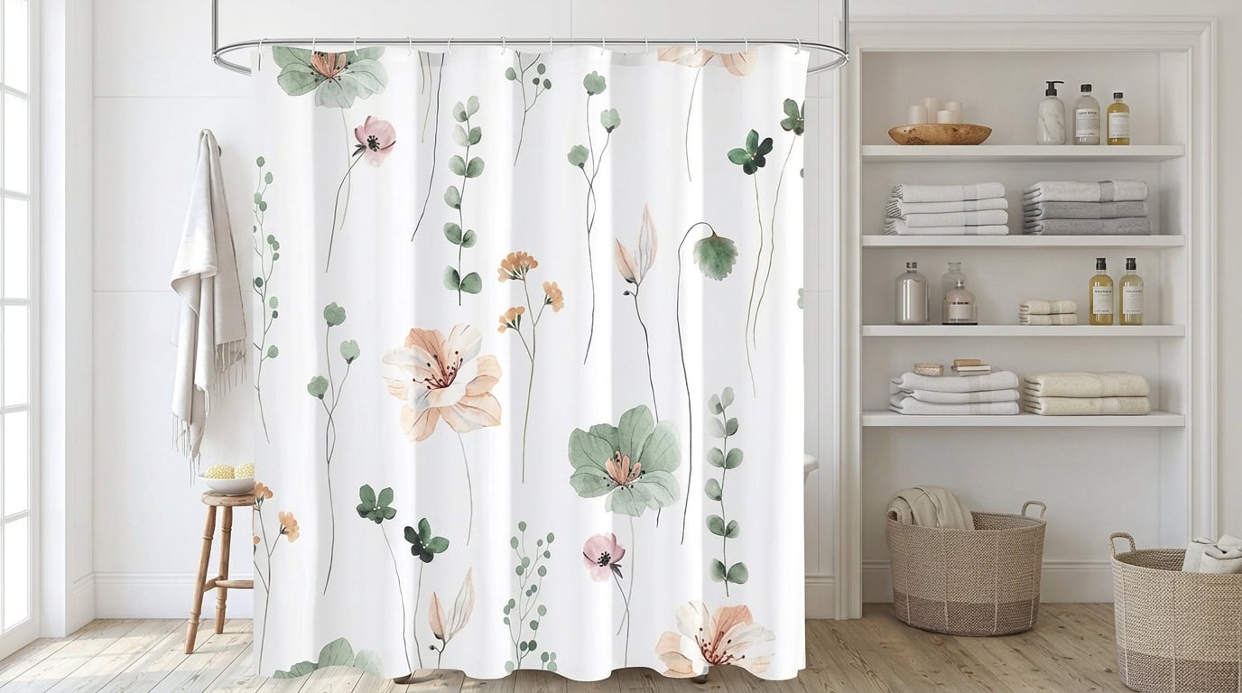 Bathroom with floral shower curtain, white shelves, and towels.