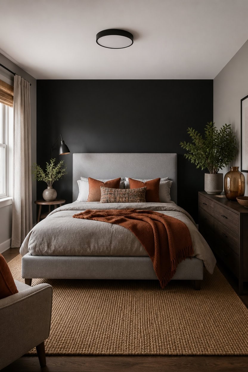 Cozy bedroom with gray bed, dark accent wall, and natural light.