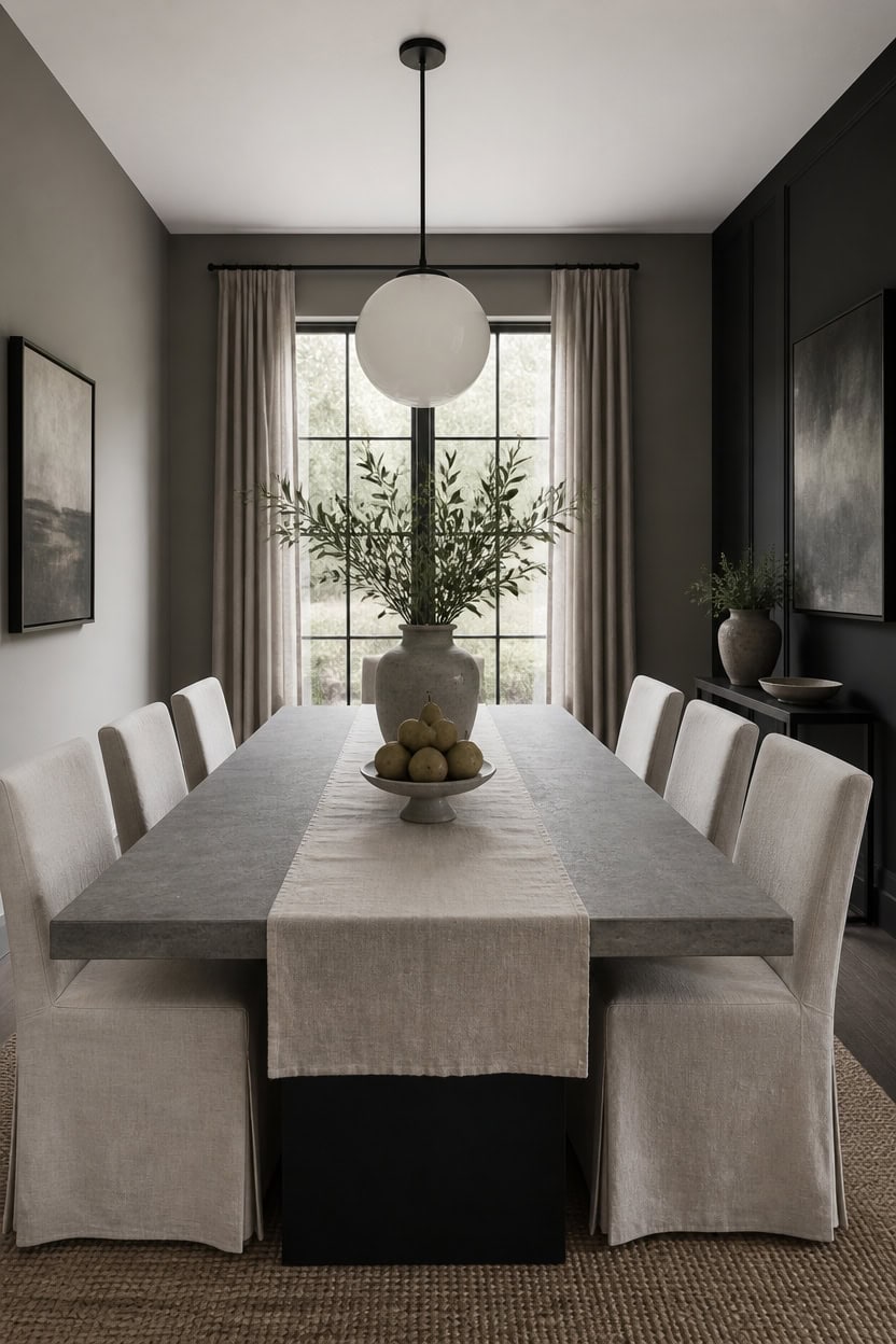 Elegant dining room with large window, neutral tones, and minimalist decor.