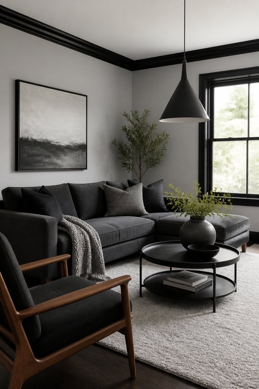 Stylish living room with black sofa, armchair, and pendant light.