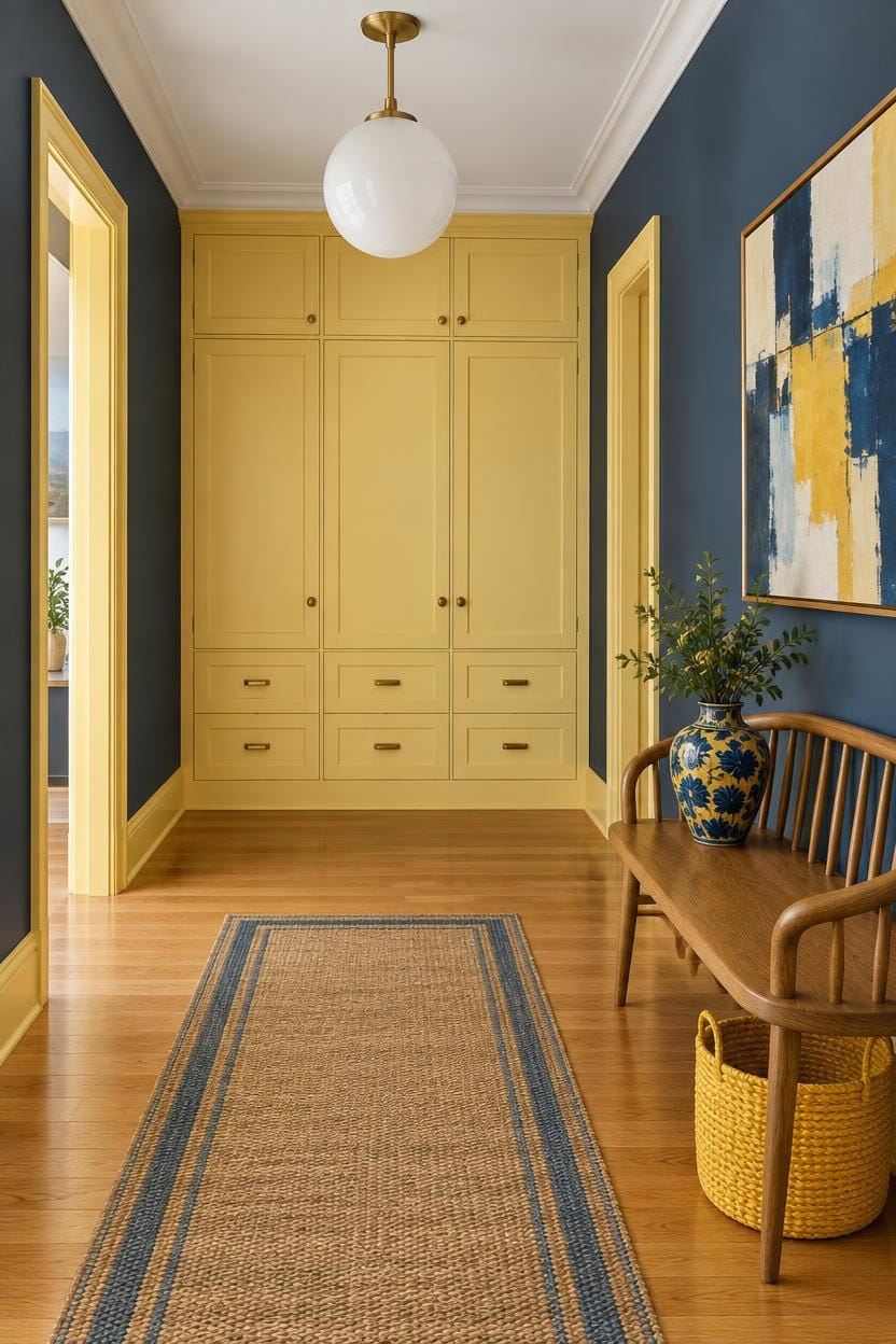 Yellow built-in closet with drawers in hallway with blue walls and wooden floor.