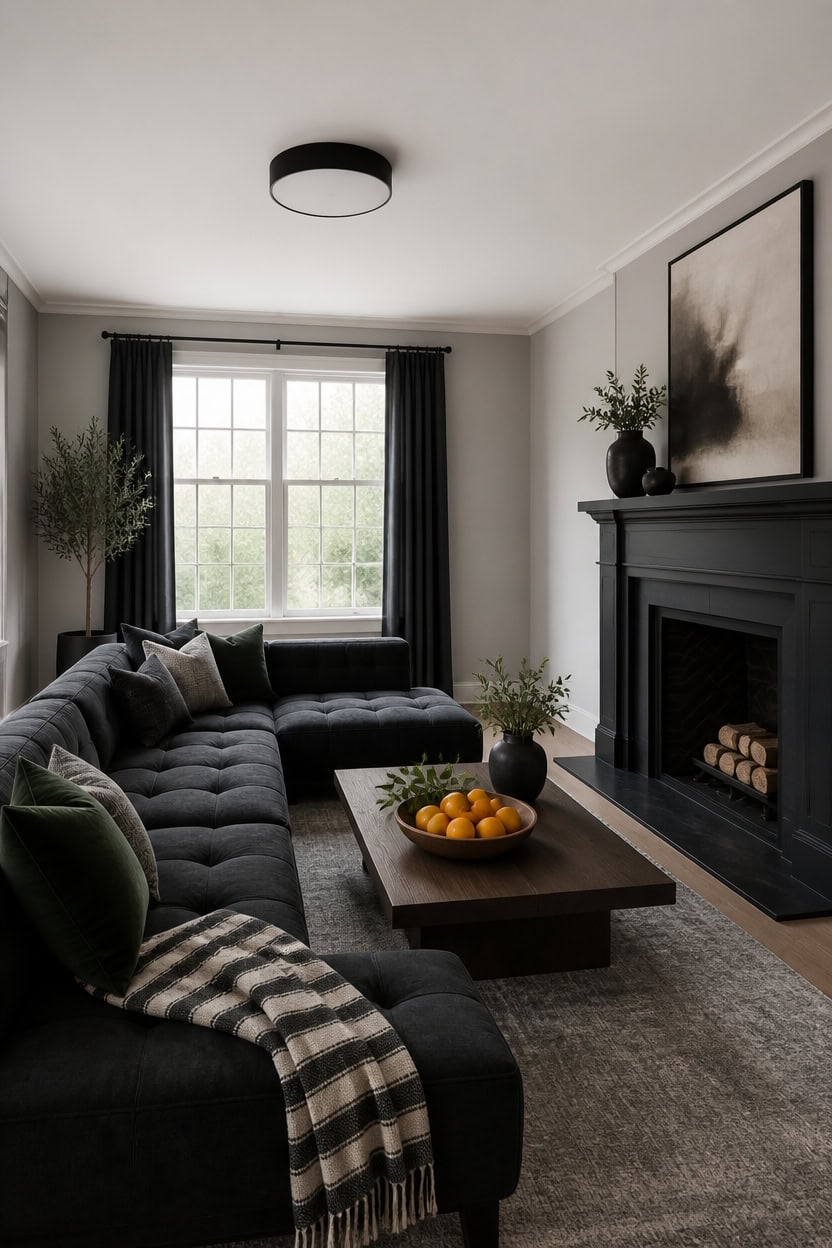 Cozy living room with black sofa, fireplace, and large window with dark curtains.