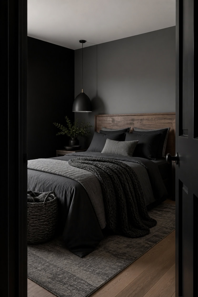 Stylish bedroom with dark walls, wooden headboard, and black pendant light.