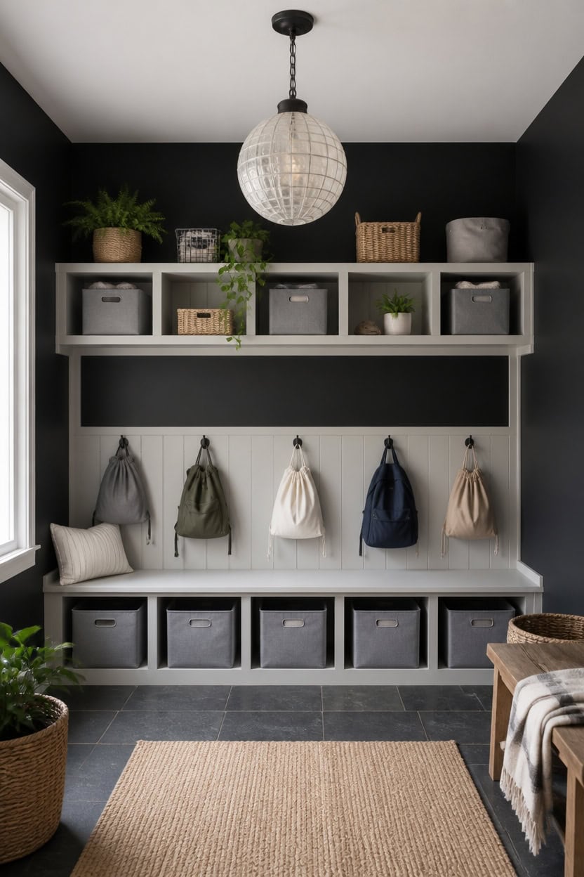 Modern mudroom with organized shelves, hooks, and storage bins.