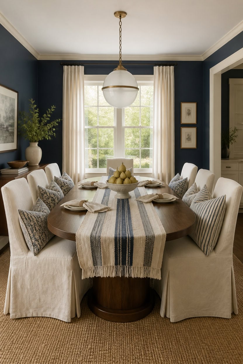Stylish dining room with blue walls, white curtains, and a round table set for a meal.