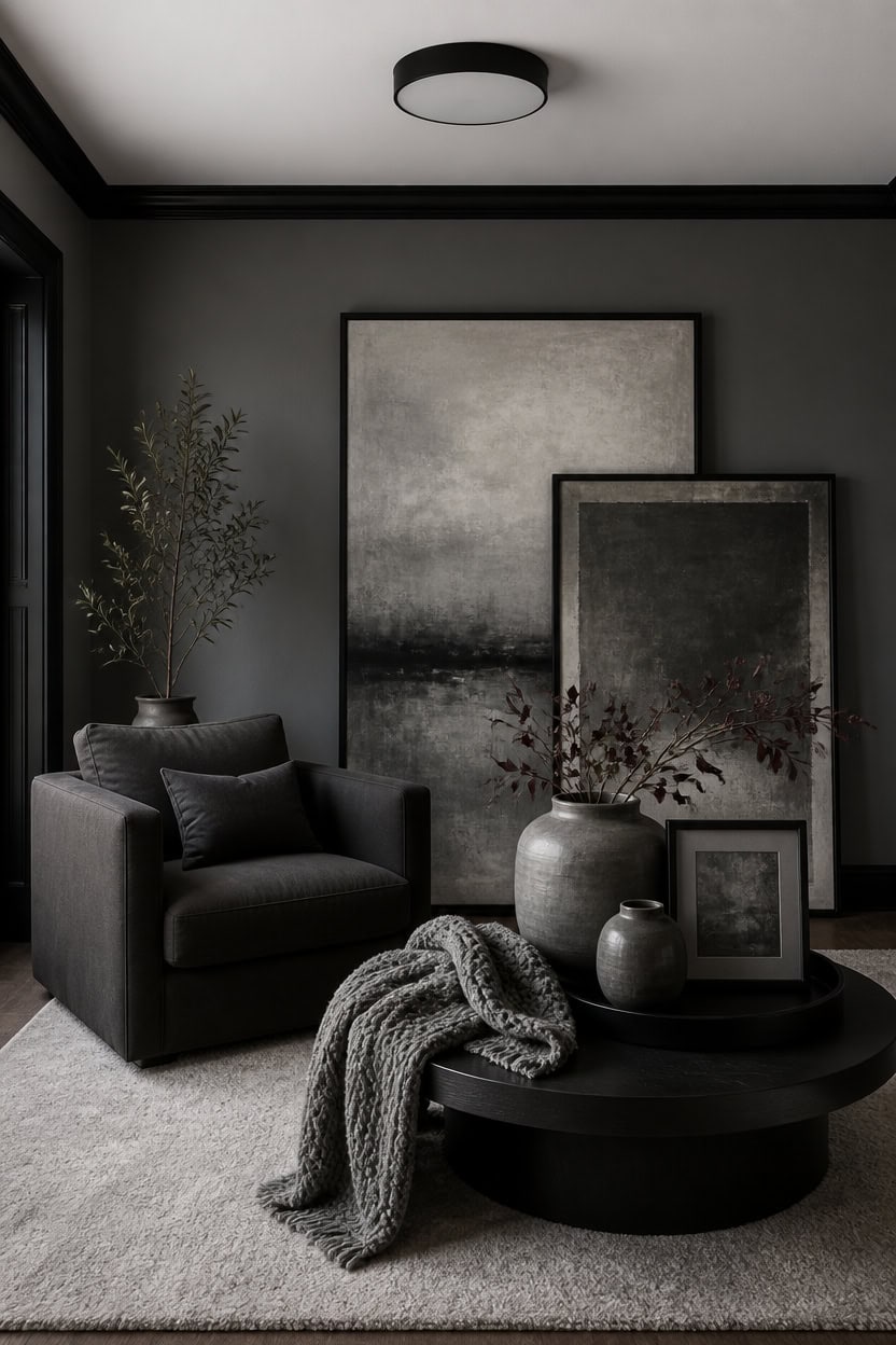 Stylish living room with black armchair, abstract art, and decorative vases.