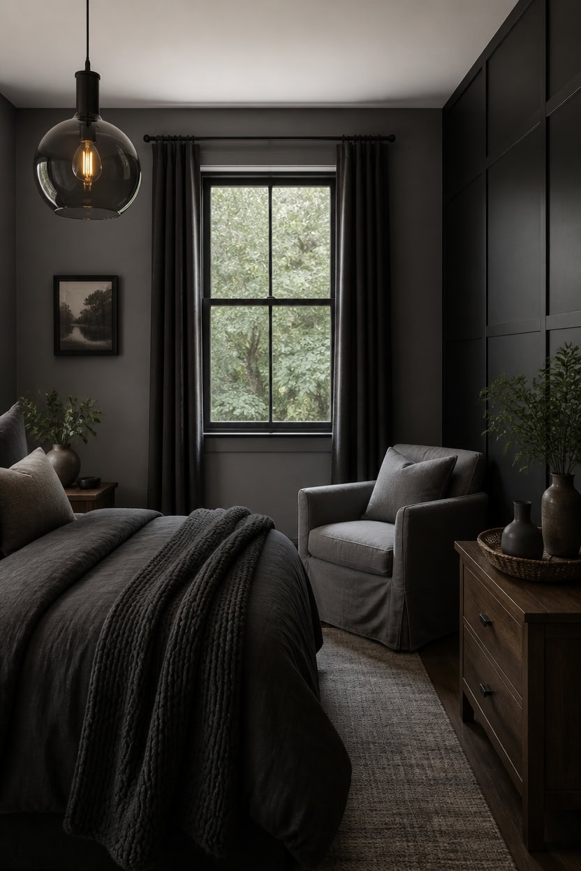 Elegant bedroom with dark walls, large window, and cozy furnishings.