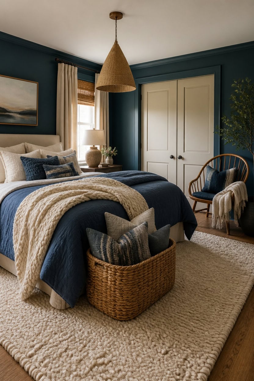 Stylish bedroom with navy blue walls, beige accents, and natural light.