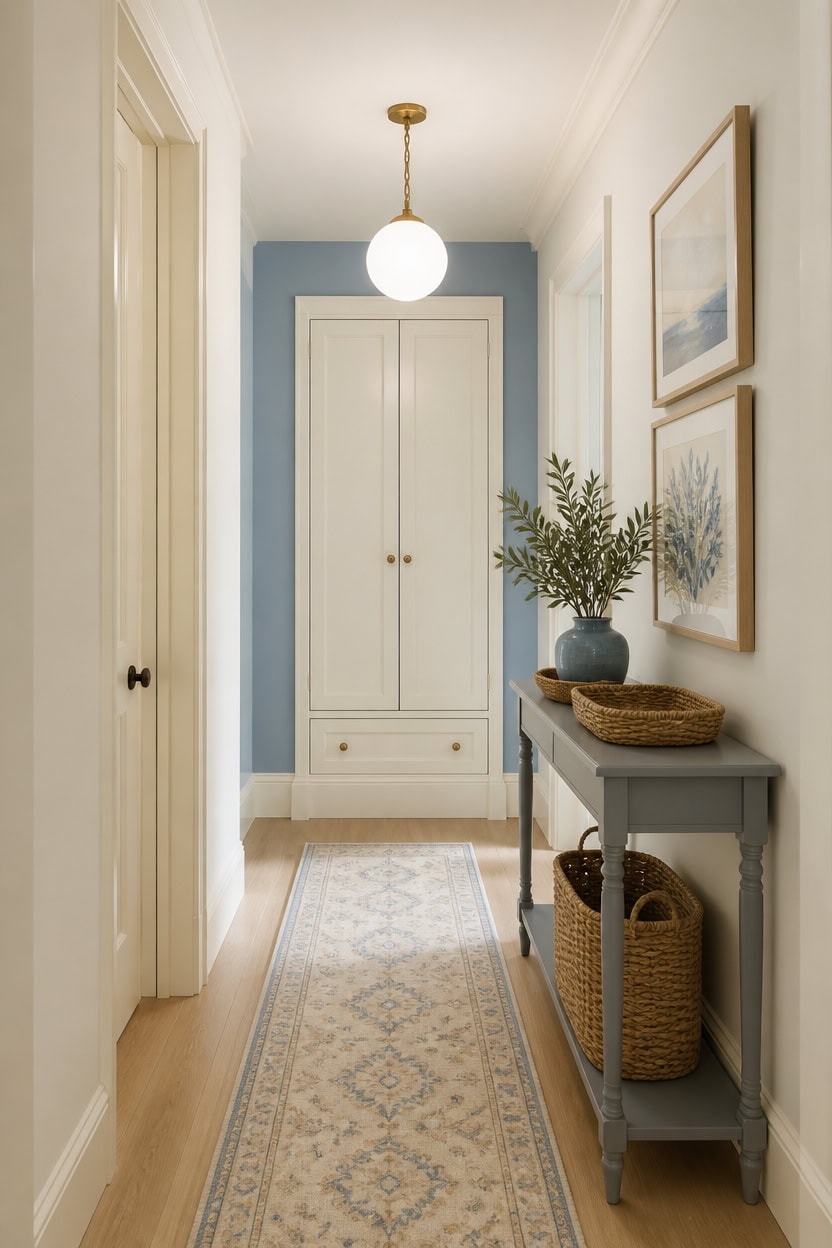 Bright hallway with blue accent wall, artwork, and a console table with decor.