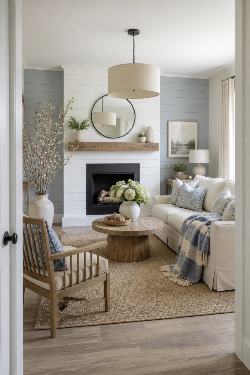 Bright living room with fireplace, sofa, armchair, and decorative accents.