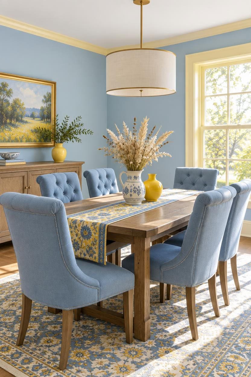 Bright dining room with blue chairs, wooden table, and large window.