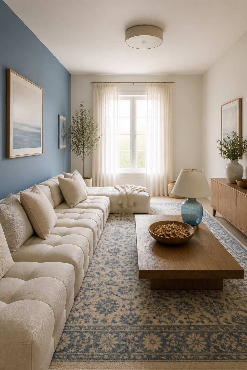 Bright living room with beige sofa, blue accent wall, and large window.