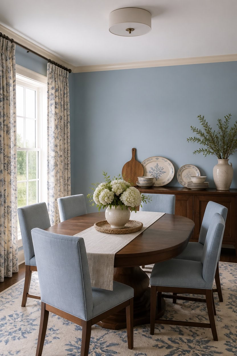 light blue curtains cream trim