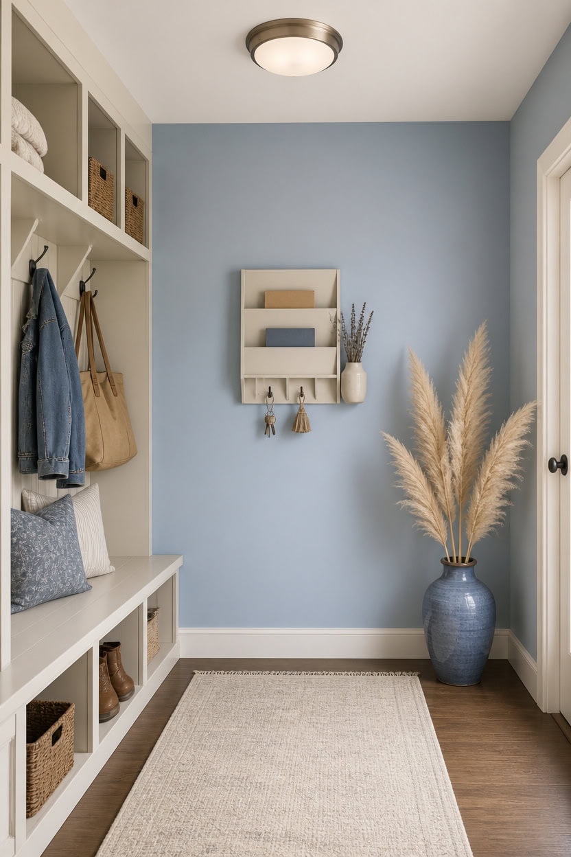 Stylish entryway with built-in shelves, blue wall, and decorative vase.