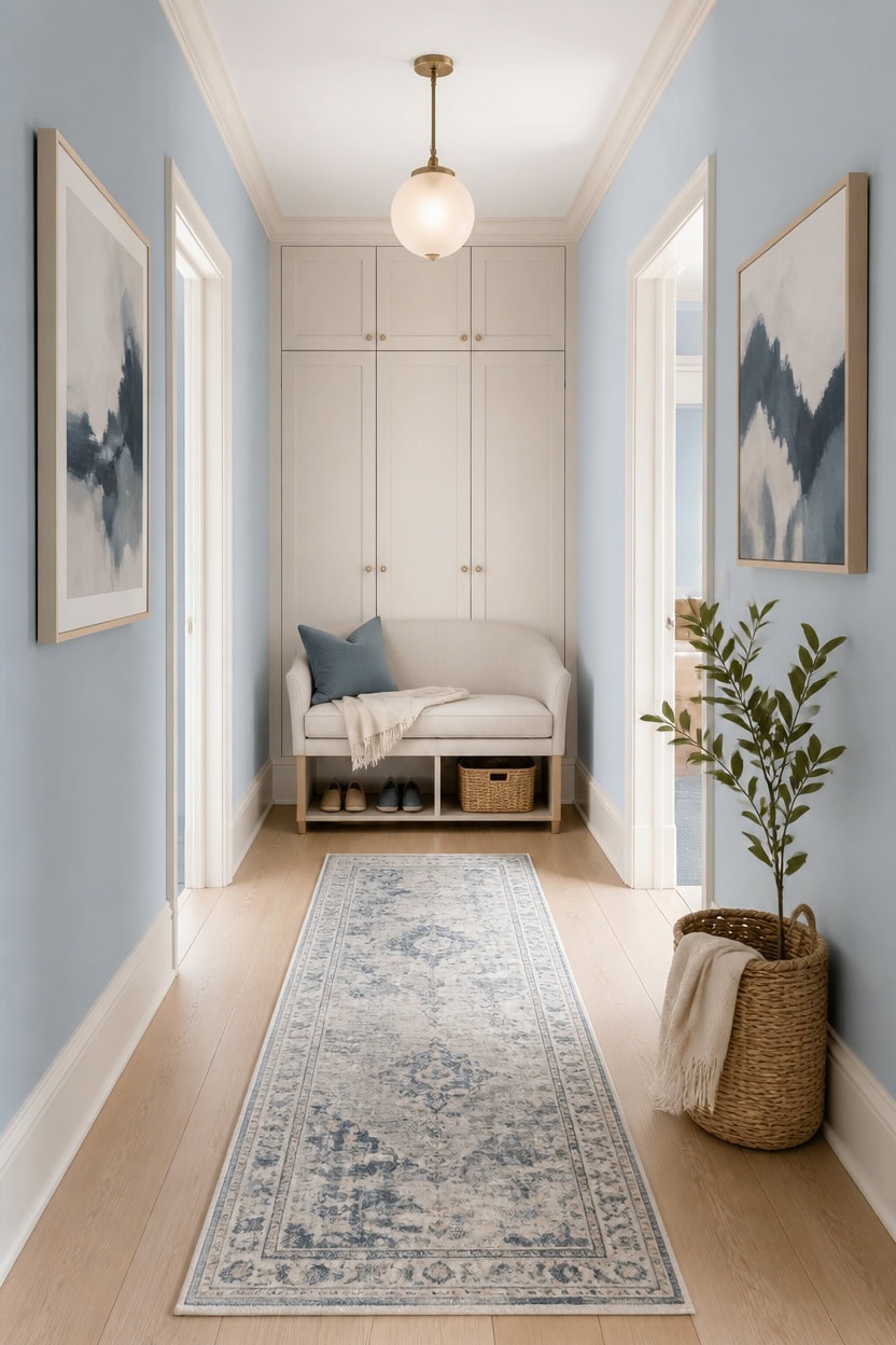 Stylish hallway with light blue walls, artwork, and a cozy seating nook.