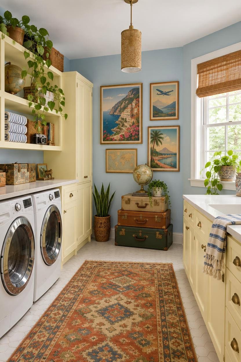 Cozy laundry room with pastel walls, vintage suitcases, and coastal artwork.