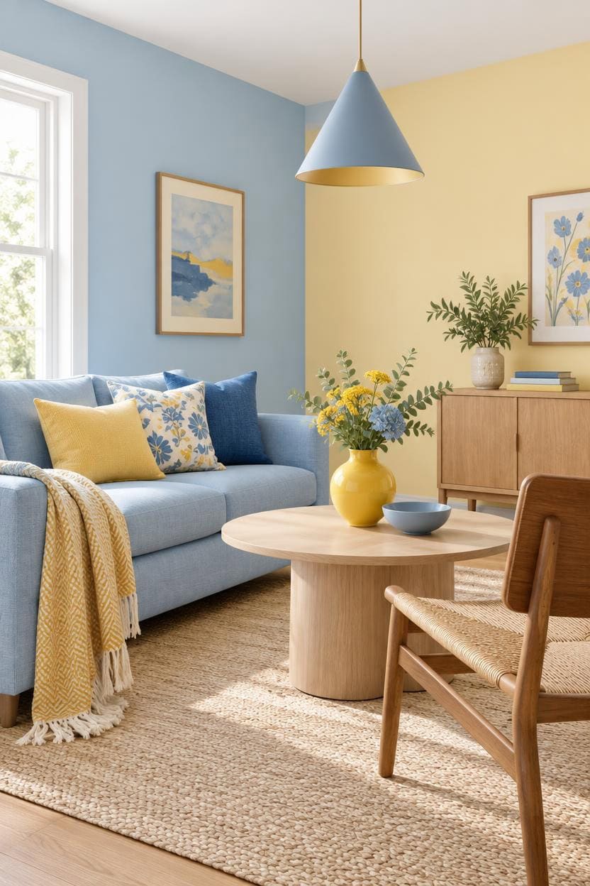 Colorful living room with blue walls, yellow accents, and modern furniture.