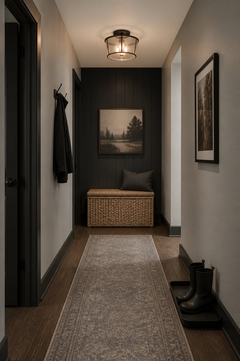 Stylish apartment hallway with artwork, rug, and boots.