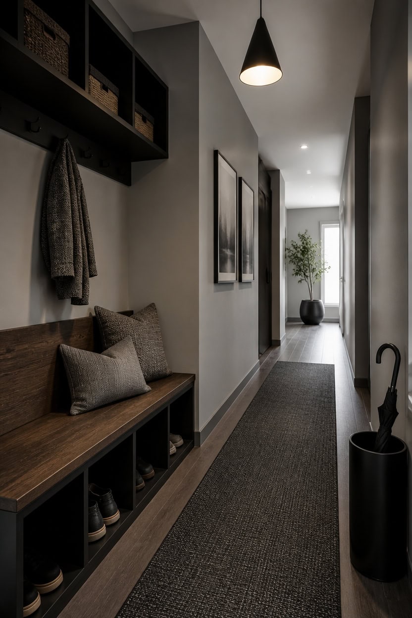 Contemporary apartment hallway with artwork, bench, and plants.