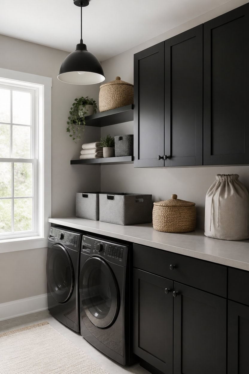 light gray walls black cabinets